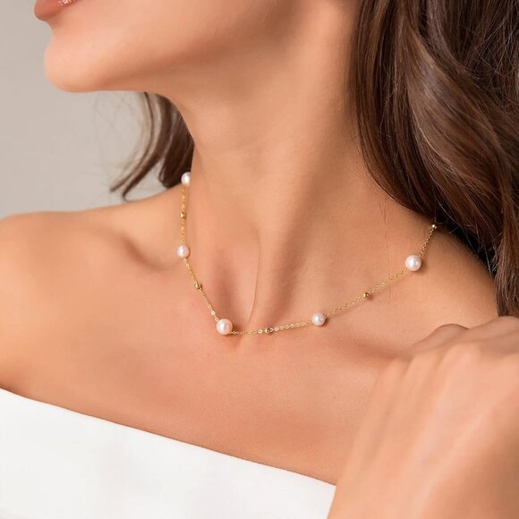 Gold Pearl Choker Necklace Dainty Beaded Chain Elegant Jewelry for Women Wedding - Picture 3 of 7